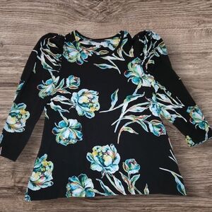 Chicos Womens Sz 3 (US XL) Floral Puffed 3/4 Sleeve Blouse Shirt Top